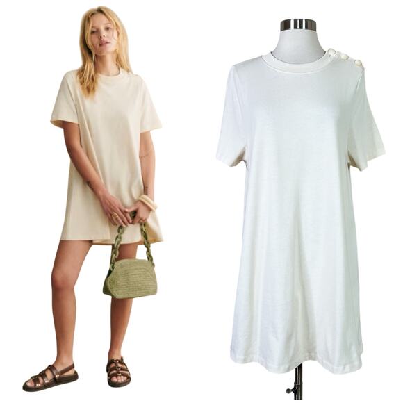NEW Sezane | Selena Cream White Solid Organic Cotton Button Short Shift Dress S - Picture 1 of 9